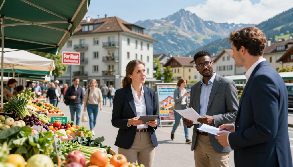 A bustling Swiss city scene showcasing the cost of living elements, featuring a diverse group of professionals in smart business attire discussing finances. In the foreground, display a detailed farmer's market with fresh produce, symbolizing daily expenses. In the middle ground, include a modern apartment building to represent rent, with a "For Rent" sign visible. Add a group of people casually walking by, with some looking at housing advertisements. The background should feature picturesque Swiss mountains under a clear blue sky, creating an inviting atmosphere. Use natural lighting to enhance the colors of the market and buildings, creating a vibrant, lively scene that reflects the essence of living in Switzerland while balancing professional life.