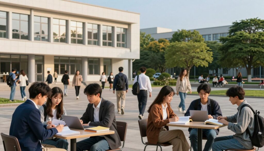 A bustling university campus scene showcasing the contrast between full-time (studia stacjonarne) and part-time (studia niestacjonarne) students. In the foreground, a diverse group of students is engaged in study groups, one side representing full-time students in formal business attire, while the other half represents part-time students in smart casual clothing. The middle ground features a modern university building with large windows reflecting the morning sunlight, bustling with students, some walking between classes. In the background, lush green trees and a clear blue sky create a serene atmosphere. The scene conveys a sense of focused academic pursuit and dynamic learning environments, capturing the essence of both study types. The lighting is warm and inviting, emphasizing an overall mood of enthusiasm and dedication to education.