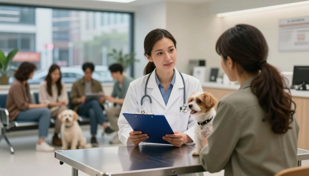 A bustling veterinary clinic in a large city, showcasing a professional veterinarian consulting with a pet owner. In the foreground, depict the veterinarian, a Caucasian woman in a white lab coat, holding a clipboard and listening attentively, with a small dog on the examination table. In the middle ground, display a waiting area filled with people, some with pets, conveying a friendly and busy atmosphere. In the background, illustrate the clinic’s exterior, hinting at a lively urban environment with visible cityscapes, emphasizing the contrast between urban and rural veterinary practice. Use soft, ambient lighting to create a welcoming feel, with a slightly blurred depth of field to focus on the interactions in the clinic. The mood should be professional yet warm, encapsulating the vibrant job market for veterinarians in diverse locations.