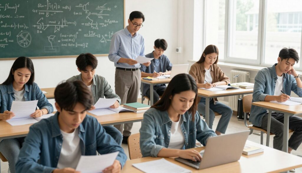 A busy university classroom scene depicting students engaging in study sessions and examinations. In the foreground, a diverse group of students in smart casual attire, focused on their papers and laptops, showing expressions of concentration and determination. In the middle, a professor circulates among the desks, providing assistance, papers scattered with notes and textbooks. The background features a chalkboard filled with complex equations and diagrams, indicative of rigorous academic study. Natural warm light streams in through large windows, creating a bright and inviting atmosphere. The angle is slightly elevated, capturing the dynamic interaction between students and their instructor while emphasizing the academic environment. The mood is serious yet encouraging, highlighting the essential nature of assessments in a university context. A busy university classroom scene depicting students engaging in study sessions and examinations. In the foreground, a diverse group of students in smart casual attire, focused on their papers and laptops, showing expressions of concentration and determination. In the middle, a professor circulates among the desks, providing assistance, papers scattered with notes and textbooks. The background features a chalkboard filled with complex equations and diagrams, indicative of rigorous academic study. Natural warm light streams in through large windows, creating a bright and inviting atmosphere. The angle is slightly elevated, capturing the dynamic interaction between students and their instructor while emphasizing the academic environment. The mood is serious yet encouraging, highlighting the essential nature of assessments in a university context.