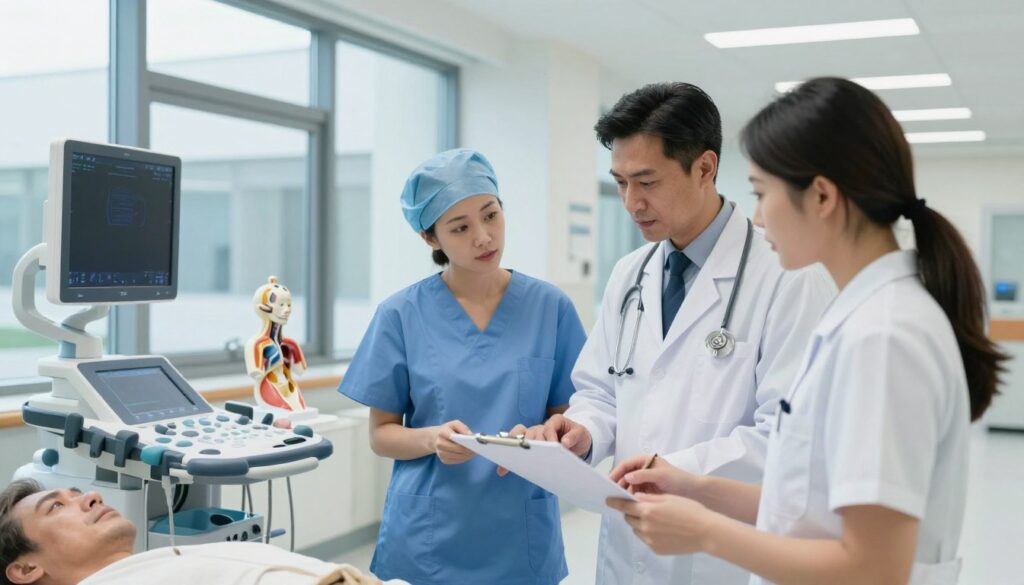 A detailed examination of a medical specialization in a modern hospital setting. In the foreground, a diverse group of healthcare professionals, including a male doctor in a white coat, a female surgeon in scrubs, and a nurse, are engaged in a discussion over a patient’s chart, reflecting teamwork and professional dedication. In the middle ground, advanced medical equipment like an ultrasound machine and anatomical models are visible, showcasing the specialized tools used in medicine. The background features a bright, well-lit hospital corridor with glass windows allowing natural light to fill the space, conveying a sense of clarity and hope. The atmosphere is focused and collaborative, inspired by the pursuit of excellence in healthcare.