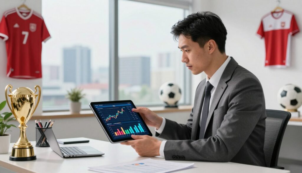 A detailed illustration of a financial overview related to soccer player earnings in Poland, featuring a professional-looking man in business attire examining a graph on a digital tablet. He stands at a modern office desk surrounded by soccer memorabilia like jerseys and trophies, symbolizing the connection between finance and football. In the background, a large window shows a cityscape, reflecting a bright and optimistic daytime atmosphere. Soft, natural lighting enhances the clarity of the scene, highlighting the focus on the tablet which displays colorful data visualizations comparing player salaries across various leagues. The mood is analytical, yet inspiring, conveying the importance of understanding contracts and salaries in the world of sports.