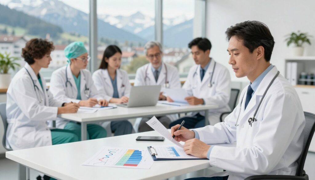 A detailed illustration showcasing the salary ranges of doctors in Switzerland, focusing on different career stages and specializations. In the foreground, display a professional doctor in a lab coat, seated at a modern desk with financial charts and graphs, symbolizing salary tiers. The middle ground should feature a diverse group of doctors, representing a range of specialties, such as a surgeon, pediatrician, and general practitioner, each engaged in discussions or analyzing data. In the background, depict a Swiss cityscape with the Alps, under bright daylight, emphasizing a professional yet serene atmosphere. Use soft, natural lighting with a slight depth of field effect to create a polished and informative mood. Ensure the scene reflects a professional environment without any text or distractions.