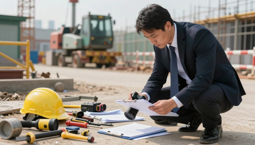 A detailed scene depicting a workplace accident investigation in an industrial setting. In the foreground, a professional investigator dressed in a business suit examines evidence on the ground, using a clipboard and digital camera. In the middle, an assortment of tools, safety equipment, and documents related to the accident are scattered, showcasing the thoroughness of the investigation. The background features a construction site with machinery and safety barriers, subtly blurred to emphasize the investigator's focus. Soft, natural lighting adds to the seriousness of the scene, enhancing shadows that hint at the gravity of the incident. The atmosphere is tense yet methodical, reflecting the diligent process of assessing workplace safety and accountability.