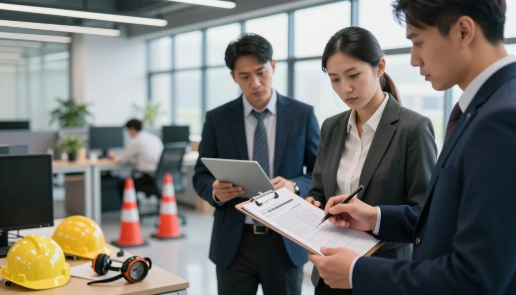 A detailed scene of a workplace accident investigation in a modern office environment. In the foreground, professional investigators in business attire examine an accident report with serious expressions. They use tools like clipboards, laptops, and safety equipment. The middle ground showcases a work station with safety cones and equipment scattered, indicating an incident has occurred. In the background, large windows provide natural light, illuminating the space. The atmosphere is tense yet focused, highlighting the importance of investigating workplace incidents. A shallow depth of field keeps attention on the investigators while slightly blurring the background, creating a sense of urgency in the investigation process.