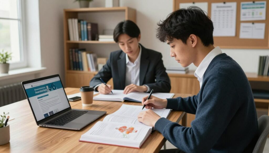 A determined student stands at a large wooden desk, studying medical books and preparing for their entrance exams. In the foreground, an open textbook with anatomical diagrams lies next to a laptop displaying the university's medical program website. The middle ground features a focused young adult, dressed in professional business attire, surrounded by study materials, notes, and a coffee cup. The background reveals a well-organized study space with shelves filled with medical literature and a bulletin board pinned with educational notes and deadlines. Soft, natural light streams in from a window, creating a warm and inviting atmosphere that conveys ambition and dedication. The overall mood is one of concentration, hope, and the journey towards a medical career.