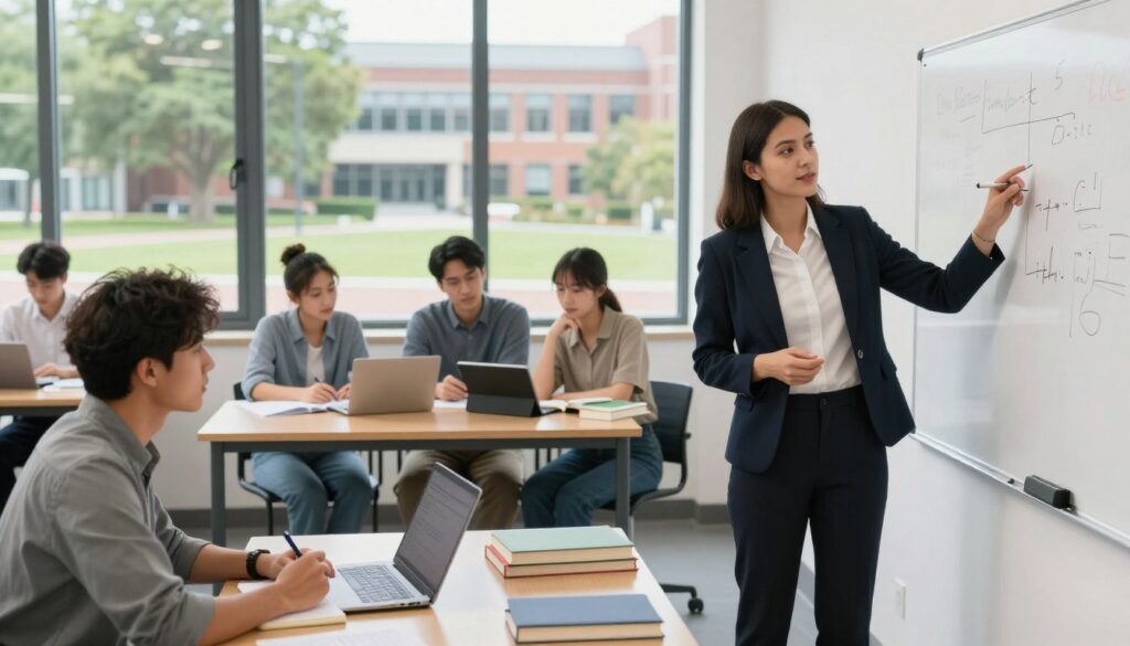 A diverse group of adult learners engaged in different forms of postgraduate studies in a modern classroom setting. In the foreground, a professional woman in business attire explains a concept on a whiteboard, while a man in casual attire takes notes on a laptop, symbolizing online learning. In the middle ground, a small group of students collaborates at a table with books and tablets, representing hybrid learning. In the background, a large window reveals a sunny university campus, adding a vibrant atmosphere. The lighting is soft and natural, creating a welcoming and focused environment. The image should convey a sense of ambition, growth, and inclusivity among learners eager to advance their education.