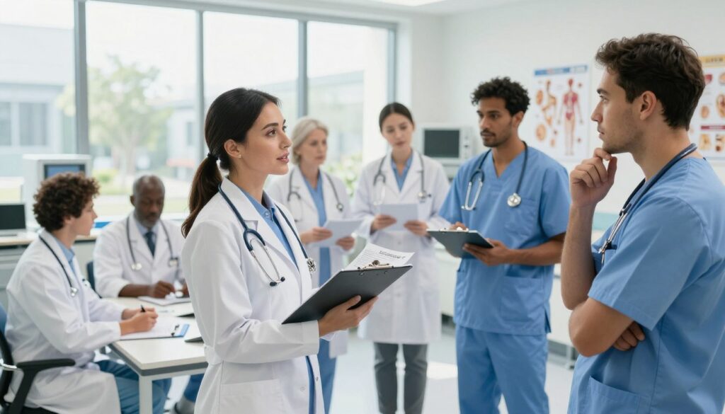A diverse group of medical professionals engaged in discussion in a modern hospital setting. In the foreground, a confident female doctor, wearing a white lab coat and holding a clipboard, is speaking to a male surgeon, visibly contemplating her insights. The middle ground features various doctors discussing specialty charts and salary data, surrounded by medical equipment and anatomical posters outlining different specialties. In the background, a large window reveals a sunny day outside, filling the room with natural light. The atmosphere is collaborative and focused, highlighting a sense of professionalism and camaraderie among the medical staff. The image should convey a sense of expertise and discussion related to medical specialization in a high-stakes environment, ideal for an informative article section.