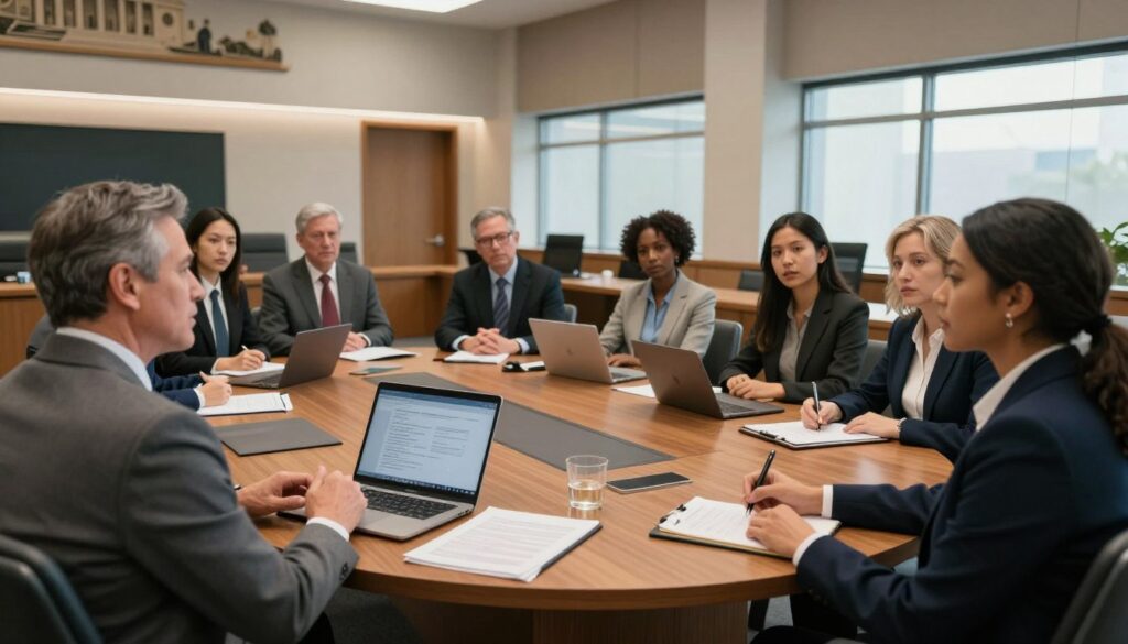 A diverse group of professionals, consisting of men and women of varying ages and ethnicities, gathered in a modern courtroom setting, discussing the role of a juror. They are dressed in smart business attire, appearing engaged and attentive. In the foreground, a middle-aged man gestures as he explains, while a young woman takes notes, showing enthusiasm. The middle ground features a round table with legal documents and laptops, adding to the atmosphere of a serious discussion. The background reveals high ceilings with court artwork and large windows letting in soft, natural light, creating a warm and inviting environment. The mood is professional and collaborative, capturing the essence of civic duty and legal responsibility for the 2024-2027 term. A diverse group of professionals, consisting of men and women of varying ages and ethnicities, gathered in a modern courtroom setting, discussing the role of a juror. They are dressed in smart business attire, appearing engaged and attentive. In the foreground, a middle-aged man gestures as he explains, while a young woman takes notes, showing enthusiasm. The middle ground features a round table with legal documents and laptops, adding to the atmosphere of a serious discussion. The background reveals high ceilings with court artwork and large windows letting in soft, natural light, creating a warm and inviting environment. The mood is professional and collaborative, capturing the essence of civic duty and legal responsibility for the 2024-2027 term.