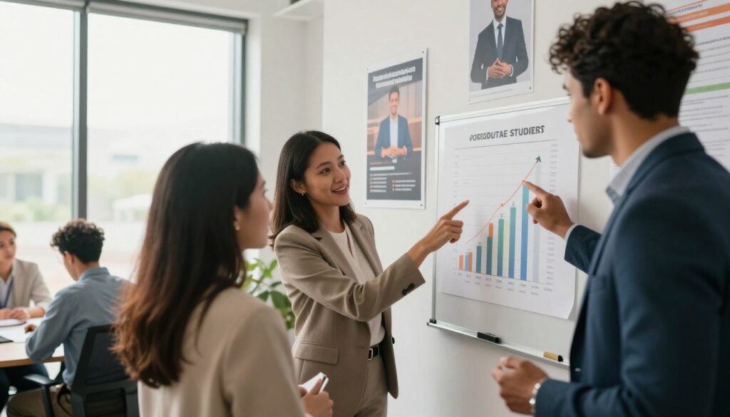 A dynamic scene depicting a diverse group of professionals engaging in a lively discussion about postgraduate studies and career opportunities. In the foreground, three individuals in professional business attire—two women and one man—are intensely exchanging ideas while pointing at a chart of job market trends. The middle ground showcases a modern office environment with large windows letting in bright, natural light, enhancing the atmosphere of collaboration and ambition. In the background, motivational posters related to education and career growth adorn the walls, establishing an informative backdrop. The color palette is warm and inviting, reflecting a positive and optimistic mood about further education and professional development. The composition is captured from a slightly elevated angle to emphasize the interaction and engagement among the participants.