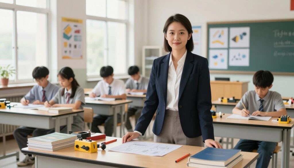 A focused and professional image of a vocational teacher in a classroom setting, surrounded by various teaching materials and tools relevant to vocational subjects. In the foreground, a well-dressed teacher, wearing a smart outfit, stands confidently at a desk cluttered with books, diagrams, and vocational equipment like tools or instruments. The middle of the image features students attentively engaging with the materials in a bright, well-lit classroom filled with educational posters and displays about practical skills. In the background, large windows allow natural sunlight to flood the space, creating an inspiring atmosphere. The overall mood is one of dedication, learning, and professionalism, highlighting the importance of practical vocational education.