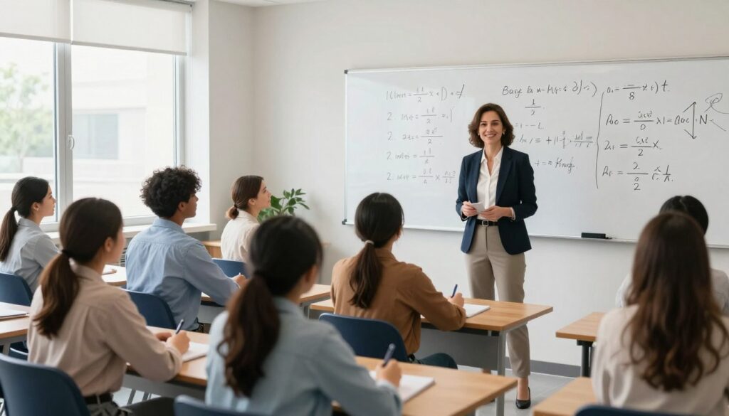 A focused scene depicting a diverse group of students and a teacher engaged in a pedagogical training session inside a modern classroom. In the foreground, the teacher, a middle-aged woman in professional attire, demonstrates teaching techniques to attentive students seated at desks, taking notes. The middle area shows a large whiteboard filled with mathematical equations and teaching strategies, emphasizing a collaborative learning environment. In the background, bright windows allow natural light to flood the room, creating an optimistic and inspiring atmosphere. The overall mood is one of professionalism and dedication, showcasing the importance of effective educational preparation. The composition should be shot from a slightly elevated angle, ensuring clarity and engagement in the learning environment.