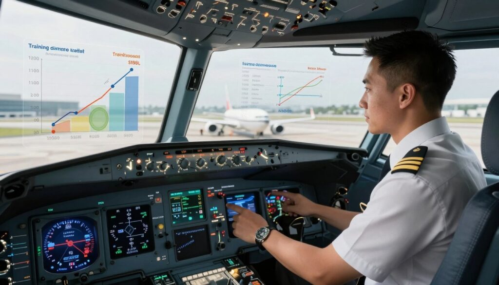 A graphic representation of the factors influencing airline pilot salaries, showcasing a professional pilot in a modern cockpit environment. In the foreground, a focused pilot in a crisp, well-fitted uniform checks flight instruments, looking attentive and engaged. In the middle ground, a transparent overlay depicts charts and graphs illustrating salary trends, training costs, and experience levels, with colorful lines and annotations that highlight various influences on earnings. The background features a panoramic view of a busy airport with planes ready for departure, bathed in soft, natural lighting to create an inviting atmosphere. The composition should convey a sense of professionalism and progression in the aviation industry, captured from a slightly elevated angle to reveal both the pilot and the cockpit details distinctly. A graphic representation of the factors influencing airline pilot salaries, showcasing a professional pilot in a modern cockpit environment. In the foreground, a focused pilot in a crisp, well-fitted uniform checks flight instruments, looking attentive and engaged. In the middle ground, a transparent overlay depicts charts and graphs illustrating salary trends, training costs, and experience levels, with colorful lines and annotations that highlight various influences on earnings. The background features a panoramic view of a busy airport with planes ready for departure, bathed in soft, natural lighting to create an inviting atmosphere. The composition should convey a sense of professionalism and progression in the aviation industry, captured from a slightly elevated angle to reveal both the pilot and the cockpit details distinctly.