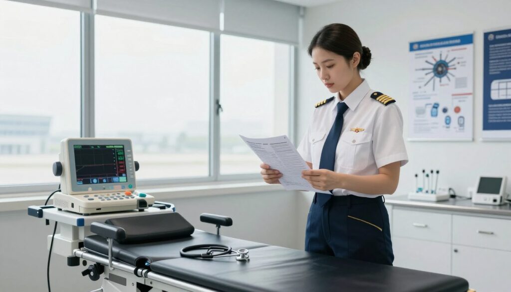 A healthcare professional dressed in a smart medical uniform, standing in a modern aviation medical examination room, carefully analyzing flight health assessment charts. In the foreground, a detailed examination table is equipped with various medical devices such as an ECG machine and a stethoscope. The middle ground features large windows allowing natural light to pour in, illuminating the space and enhancing the clinical atmosphere. In the background, a wall filled with aviation-related posters and diagrams, showcasing the key components of pilot health requirements. The overall mood is professional and focused, emphasizing the importance of medical evaluations for pilots. The scene conveys a blend of aviation and healthcare, underscored by a sense of diligence and precision in the recruitment process.
