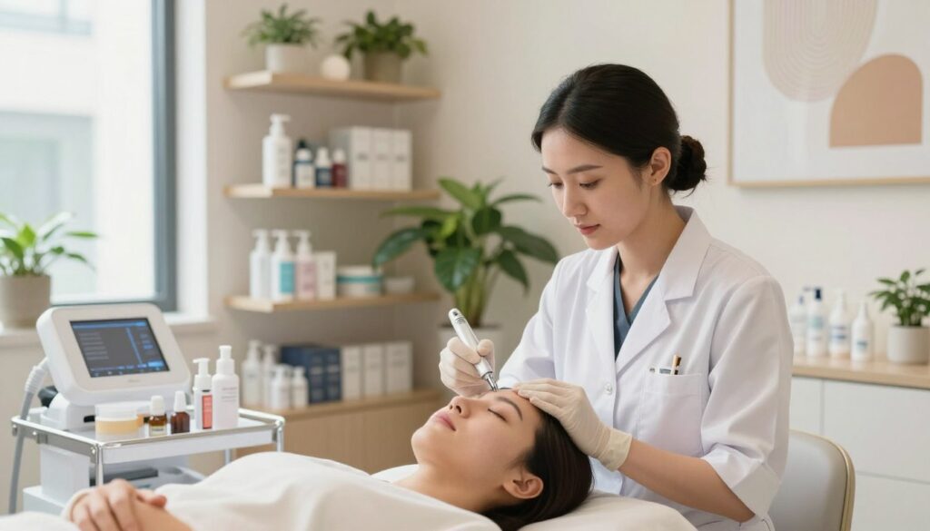 A modern aesthetic medicine clinic interior, showcasing popular cosmetic procedures. In the foreground, a professional female aesthetician wearing a crisp white coat is performing a non-invasive facial treatment on a calm patient, both displaying serene expressions. The middle ground features well-organized shelves with skincare products and tools, hinting at various treatments like fillers and laser therapy. Natural light streams through large windows, creating a warm and inviting atmosphere. The background includes vibrant green plants and calming artwork, enhancing the soothing environment. The image is taken with a soft focus lens, emphasizing a clean and polished look, evoking feelings of trust and professionalism in aesthetic medicine. A modern aesthetic medicine clinic interior, showcasing popular cosmetic procedures. In the foreground, a professional female aesthetician wearing a crisp white coat is performing a non-invasive facial treatment on a calm patient, both displaying serene expressions. The middle ground features well-organized shelves with skincare products and tools, hinting at various treatments like fillers and laser therapy. Natural light streams through large windows, creating a warm and inviting atmosphere. The background includes vibrant green plants and calming artwork, enhancing the soothing environment. The image is taken with a soft focus lens, emphasizing a clean and polished look, evoking feelings of trust and professionalism in aesthetic medicine.