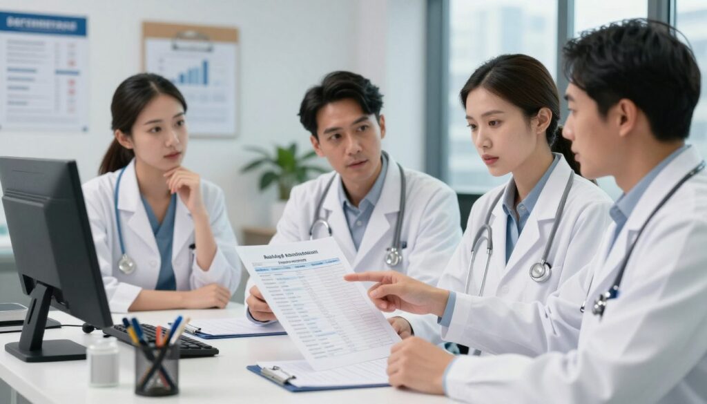 A modern healthcare setting showcasing a diverse group of medical professionals in well-fitted business attire engaged in a discussion about high-earning medical specializations in an ambulatory care context. In the foreground, a confident female doctor pointing at a chart analyzing different specialties while two other doctors, one male and one female, listen attentively, displaying expressions of interest and contemplation. The middle ground features medical office elements like a desk with medical tools, charts on the wall, and a computer displaying data trends. In the background, soft lighting casts a professional atmosphere, with urban landscape views visible through a large window. The scene conveys an atmosphere of collaboration and expertise, with a focus on the impactful nature of medical specialization on earnings.