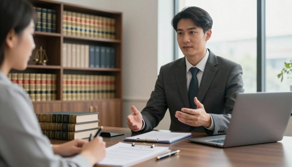 A modern law office interior, featuring a confident lawyer in a tailored suit, standing beside a sleek desk with legal books and a laptop open, indicating a busy practice. In the foreground, a close-up of legal documents and a stylish pen on the desk symbolizes professional work. In the middle, the lawyer is engaged in a discussion with a client, both appearing focused and professional, showcasing a sense of trust and competence. The background includes a bookshelf filled with law-related texts and a window with natural light streaming in, creating an inviting atmosphere. The overall mood is one of professionalism and success, highlighted by soft, warm lighting that enhances the serious yet approachable environment. A modern law office interior, featuring a confident lawyer in a tailored suit, standing beside a sleek desk with legal books and a laptop open, indicating a busy practice. In the foreground, a close-up of legal documents and a stylish pen on the desk symbolizes professional work. In the middle, the lawyer is engaged in a discussion with a client, both appearing focused and professional, showcasing a sense of trust and competence. The background includes a bookshelf filled with law-related texts and a window with natural light streaming in, creating an inviting atmosphere. The overall mood is one of professionalism and success, highlighted by soft, warm lighting that enhances the serious yet approachable environment.