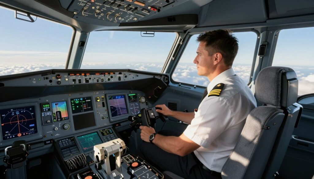 A professional airline cockpit scene featuring a captain in uniform, displaying confidence and experience. In the foreground, the captain is seated at the controls, actively monitoring instruments with a focused expression. The cockpit is equipped with modern avionics, showcasing an array of screens and controls, while a second pilot is visible in the background, engaged in flight navigation tasks. The lighting is bright, with sunlight filtering through the cockpit windows, adding a warm glow to the metallic surfaces. Outside the windows, a clear blue sky and scattered clouds can be seen, enhancing the sense of altitude and flight. The overall atmosphere conveys professionalism, teamwork, and the high-stakes environment of aviation. Use a standard wide-angle lens to capture the cockpit in detail.