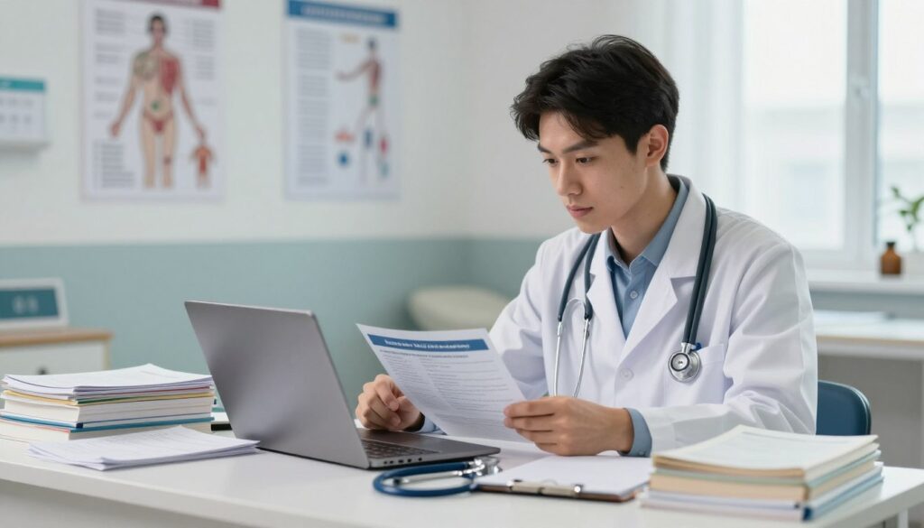 A professional and focused atmosphere in a medical examination room, featuring a young medical student dressed in professional attire, deeply engaged in studying for the "lekarski egzamin końcowy". The student is surrounded by textbooks, notes, and a laptop open to a medical website, emphasizing preparation. In the foreground, a large desk cluttered with study materials, and a stethoscope rests alongside a notepad. The middle ground should depict a hospital wall adorned with medical charts and diagrams. In the background, soft natural light streaming through a window creates a serene ambiance. The overall mood is determined and studious, reflecting the student's commitment to their medical studies. The image should be realistic and professionally composed, with a shallow depth of field to highlight the student's focus.