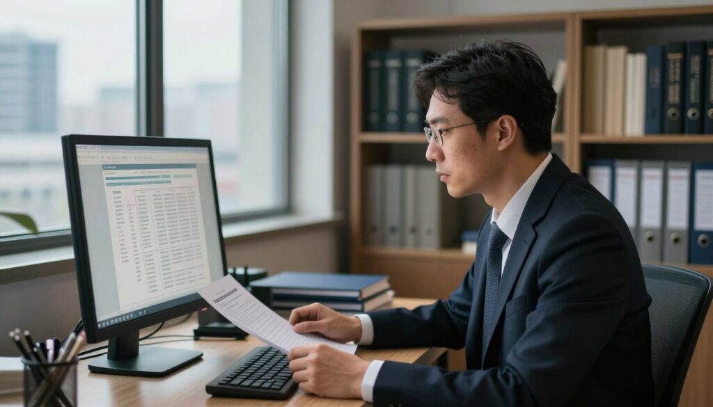 A professional criminal psychologist analyzing data in an office setting. In the foreground, a focused psychologist, dressed in smart business attire, looks at psychological profiles on a computer screen. In the middle ground, shelves filled with books on criminal psychology and case files create an academic atmosphere. The background features large windows with a view of a cityscape, providing natural light that casts soft shadows across the room, enhancing the somber but insightful ambiance. The scene conveys a sense of professionalism and expertise, emphasizing the importance of the psychologist's work in understanding criminal behavior and career earnings. Use a shallow depth of field to highlight the psychologist while softly blurring the background, creating an intimate yet professional mood suitable for a career-focused article.