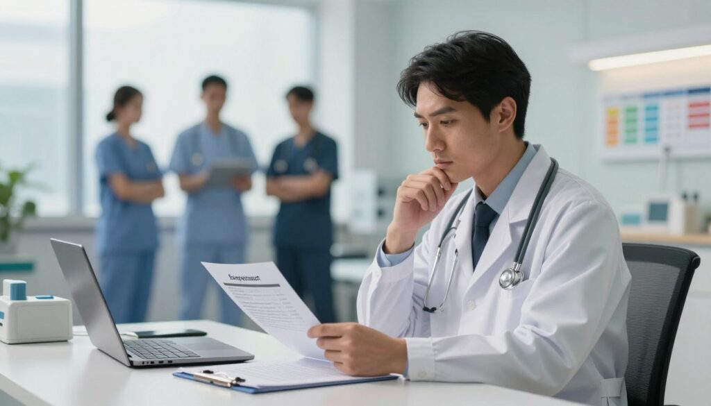 A professional doctor in a modern hospital setting, sitting at a desk with paperwork related to an employment contract, emphasizing the concept of medical employment. The foreground features the doctor, dressed in a crisp white coat, looking thoughtfully at a contract with faceless, abstract figures in the background representing hospital staff. The middle ground includes a laptop, medical equipment, and colorful charts depicting salary ranges and work schedules. Soft, natural lighting filters through large windows, casting a warm glow over the scene. The mood is focused and professional, reflecting determination and the significance of job security in the medical field, set against a sleek, contemporary hospital backdrop.
