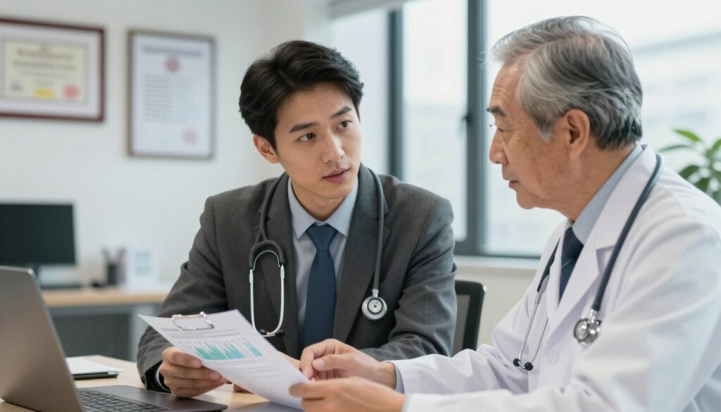 A professional doctor in a modern office setting, wearing a tailored suit and stethoscope, engages in a discussion with an older physician. The younger doctor, with a focused expression, analyzes a chart displaying salary statistics, while the older mentor gestures thoughtfully, emphasizing career stages. In the background, a sleek office with medical diplomas and certificates on the walls conveys expertise. Soft, natural light filters through large windows, creating a warm and inviting atmosphere. The camera is at eye level, capturing the interaction in a close-up, with a slight depth of field effect to highlight the subjects. The mood is collaborative, reflecting a supportive environment for career growth in the medical profession.