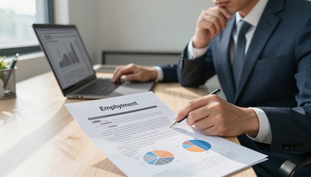 A professional doctor in business attire sits at a modern desk in a well-lit office, reviewing a detailed employment contract with charts and figures illustrating salary rates and benefits. In the foreground, there's a close-up of the contract document, showing terms like "flexibility," "rates," and "risks" highlighted in bold. The middle ground features the doctor focused on the contract, contemplating their choices, with a laptop displaying graphs on earnings in the background, set against a calming color palette. Soft afternoon light streams through the window, casting gentle shadows, creating a mood of introspection and decision-making, emphasizing the seriousness and importance of understanding employment contracts in the medical field.