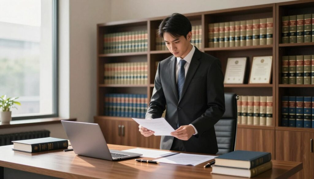 A professional lawyer in a modern office setting, standing confidently next to a large wooden desk. The lawyer is dressed in a sharp, tailored suit and tie, with a focused expression as they review legal documents. In the foreground, the desk is neatly organized with a laptop, legal books, and a stylish pen. In the middle, a large bookshelf filled with law books and certificates showcases the lawyer's academic achievements. The background includes a large window with natural sunlight streaming in, casting a warm glow over the office. The atmosphere is one of professionalism and competence, with soft, ambient lighting enhancing the scene. Shot from a slight angle to emphasize the depth of the office space. A professional lawyer in a modern office setting, standing confidently next to a large wooden desk. The lawyer is dressed in a sharp, tailored suit and tie, with a focused expression as they review legal documents. In the foreground, the desk is neatly organized with a laptop, legal books, and a stylish pen. In the middle, a large bookshelf filled with law books and certificates showcases the lawyer's academic achievements. The background includes a large window with natural sunlight streaming in, casting a warm glow over the office. The atmosphere is one of professionalism and competence, with soft, ambient lighting enhancing the scene. Shot from a slight angle to emphasize the depth of the office space.