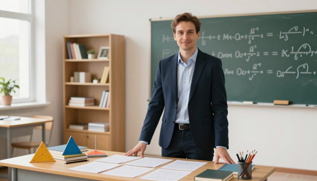 A professional mathematics teacher standing confidently in a modern classroom, surrounded by educational tools like geometry sets, textbooks, and a chalkboard filled with math equations. In the foreground, the teacher is dressed in smart business attire, exuding professionalism and approachability. The middle ground features a well-organized desk with examples of student work, symbolizing preparation and teaching strategies. The background includes shelves filled with educational resources and a large window allowing natural light to stream in, creating an inviting atmosphere. The mood is inspiring and focused, highlighting the qualifications and dedication required to become a math teacher in Poland. The image is well-lit, with a balance of warm tones to evoke a positive learning environment.