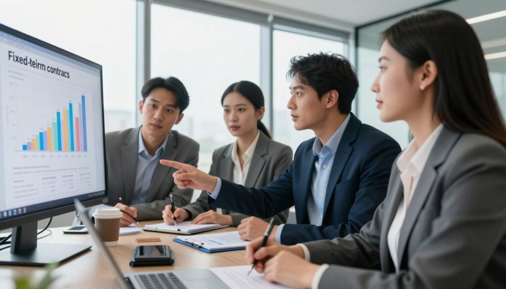 A professional office setting depicting a diverse group of business people engaged in a discussion about fixed-term contracts. In the foreground, a well-dressed woman points to a digital presentation showing graphs and timelines related to contract durations in 2025. In the middle ground, two men and another woman, all dressed in business attire, actively listen and take notes. The background features a modern office with large windows, allowing natural light to illuminate the scene, creating an atmosphere of collaboration and focus. The angle is slightly elevated to capture the expressions on the faces of the participants, conveying a sense of importance and engagement in the topic of contract limits and regulations. A professional office setting depicting a diverse group of business people engaged in a discussion about fixed-term contracts. In the foreground, a well-dressed woman points to a digital presentation showing graphs and timelines related to contract durations in 2025. In the middle ground, two men and another woman, all dressed in business attire, actively listen and take notes. The background features a modern office with large windows, allowing natural light to illuminate the scene, creating an atmosphere of collaboration and focus. The angle is slightly elevated to capture the expressions on the faces of the participants, conveying a sense of importance and engagement in the topic of contract limits and regulations.
