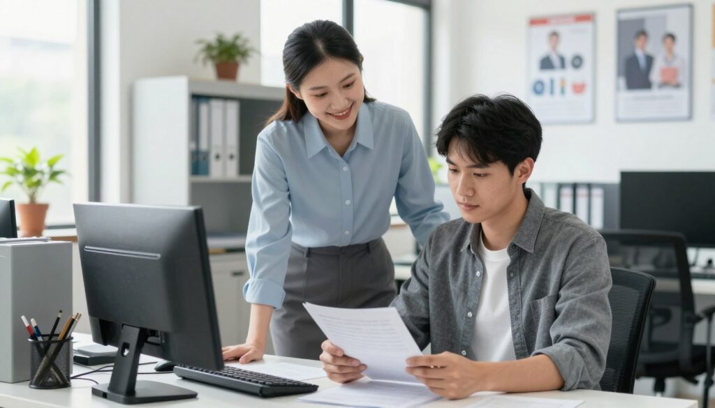A professional office setting depicting a young adult engaged in a job training program. In the foreground, the individual, dressed in smart casual attire, is sitting at a desk, reviewing paperwork with focused determination. In the middle ground, a friendly mentor or supervisor, also in professional attire, stands nearby, offering guidance and support. The background features a well-organized office environment with workstations, filing cabinets, and motivational posters about career development. The lighting is bright and natural, streaming through a large window, creating a positive and optimistic atmosphere. The overall mood conveys a sense of ambition and hope for the future, aligning with the theme of employment and retirement planning.