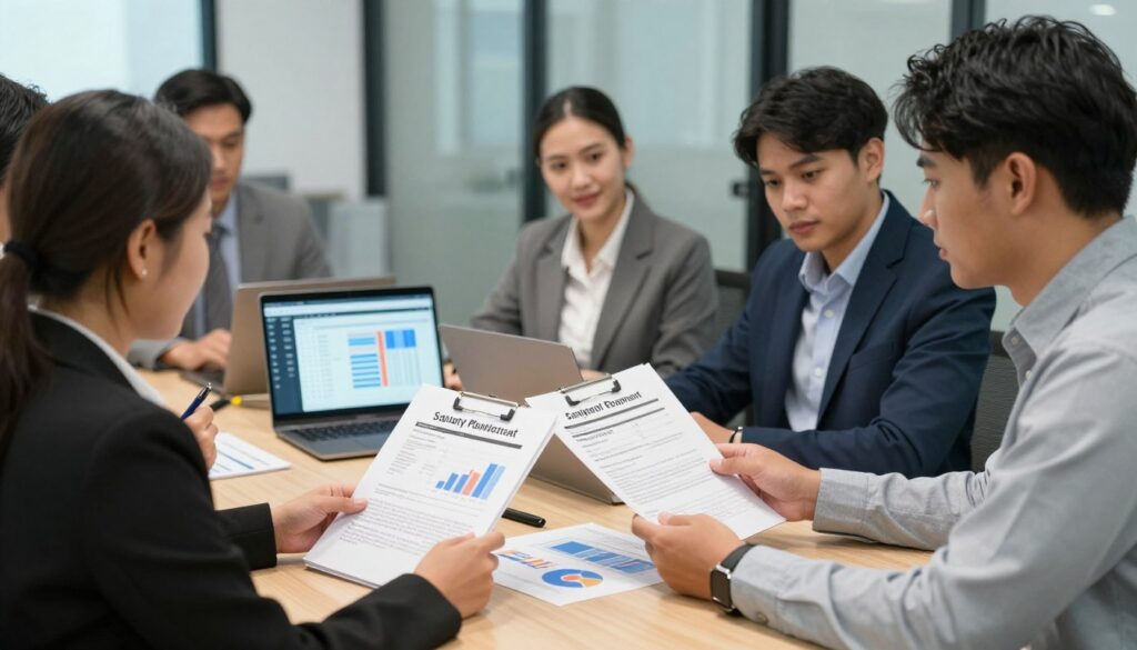 A professional office setting featuring a diverse group of individuals engaged in a discussion about salary components for a first employment contract. In the foreground, a well-dressed woman and man hold documents, highlighting key aspects such as minimum wage and payment timelines. The middle ground showcases a conference table with charts and graphs reflecting salary structures, alongside a laptop displaying a salary calculator. The background shows a modern office with glass windows, soft natural light streaming in, enhancing the collaborative atmosphere. The mood is focused and professional, emphasizing clarity, respect, and understanding in financial matters. Shot with a 35mm lens for depth and a balanced composition, capturing the essence of workplace professionalism and thoughtful communication. A professional office setting featuring a diverse group of individuals engaged in a discussion about salary components for a first employment contract. In the foreground, a well-dressed woman and man hold documents, highlighting key aspects such as minimum wage and payment timelines. The middle ground showcases a conference table with charts and graphs reflecting salary structures, alongside a laptop displaying a salary calculator. The background shows a modern office with glass windows, soft natural light streaming in, enhancing the collaborative atmosphere. The mood is focused and professional, emphasizing clarity, respect, and understanding in financial matters. Shot with a 35mm lens for depth and a balanced composition, capturing the essence of workplace professionalism and thoughtful communication.