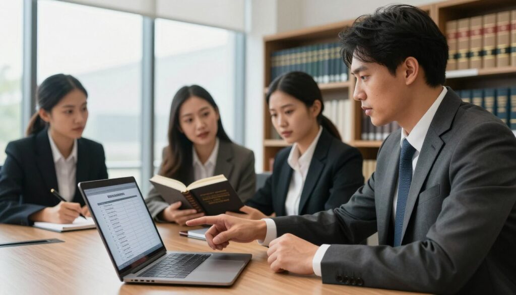 A professional office setting showcasing a diverse group of lawyers engaged in discussion, symbolizing the journey to become a legal advisor. In the foreground, a confident lawyer in a well-fitted suit points at a detailed checklist of requirements on a laptop screen. In the middle ground, two colleagues converse, one holding a legal textbook, while others take notes. The background features a modern law library with shelves of legal books and a large window allowing natural light to flood the room, creating an inspiring atmosphere. Soft shadows enhance the professionalism of the scene. The overall mood is focused and ambitious, reflecting the dedication required for the legal profession. A professional office setting showcasing a diverse group of lawyers engaged in discussion, symbolizing the journey to become a legal advisor. In the foreground, a confident lawyer in a well-fitted suit points at a detailed checklist of requirements on a laptop screen. In the middle ground, two colleagues converse, one holding a legal textbook, while others take notes. The background features a modern law library with shelves of legal books and a large window allowing natural light to flood the room, creating an inspiring atmosphere. Soft shadows enhance the professionalism of the scene. The overall mood is focused and ambitious, reflecting the dedication required for the legal profession.