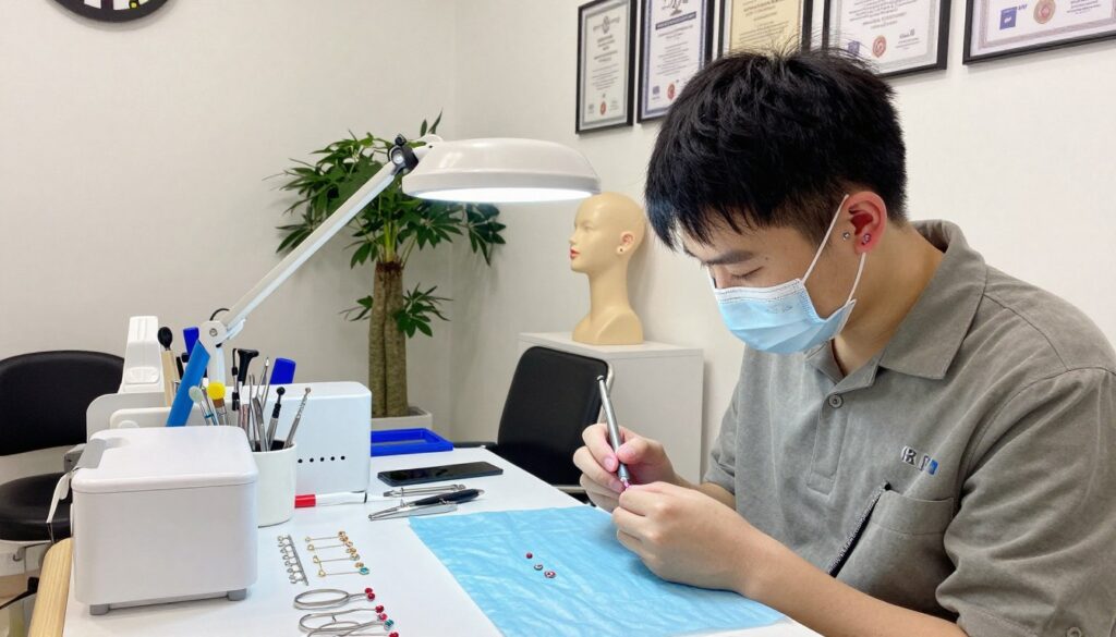 A professional piercer working in a clean, modern piercing studio, showcasing their skills and expertise. In the foreground, the piercer, dressed in smart casual attire, is carefully preparing tools and jewelry on a sanitized work surface. The middle ground features a well-organized workstation, with an array of piercing instruments, sterilization equipment, and colorful jewelry for various piercings. The background displays artful piercings adorning a mannequin's ears, a wall of certificates highlighting qualifications, and plants that add a calming atmosphere. The lighting is bright yet soft, emphasizing cleanliness and professionalism. The overall mood is focused and inviting, reflecting the dedication and competence required in the piercing profession.