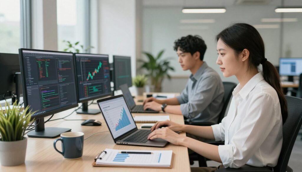A professional programmer, female and male, sitting at a modern workspace with laptops open, surrounded by charts and graphs showing upward trends in earnings. The foreground features vibrant, organized workspace elements like coffee mugs, notepads, and a plant for a touch of life. In the middle ground, visible monitors display coding interfaces and financial statistics. The background is a sleek, tech-inspired office environment with windows letting in natural light, illuminating the space warmly. The atmosphere conveys ambition and productivity, with a focus on growth and career advancement in the tech industry. The lighting is bright and inviting, emphasizing a sense of professionalism and innovation.