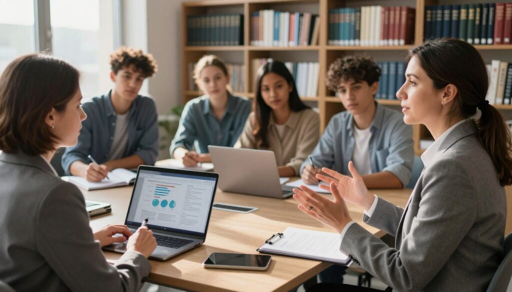 A professional psychologist in a modern office setting, deeply engaged in discussion with a group of diverse students who are studying forensic psychology. The foreground features the psychologist, a middle-aged woman wearing tailored professional attire, gesturing thoughtfully. The middle ground shows students of various ethnicities taking notes and listening intently, some with laptops open, as they study graphs and data related to criminal psychology. The background portrays bookshelves filled with psychology texts and a large window letting in warm sunlight, creating an inviting atmosphere. The lighting emphasizes a sense of focus and determination. The mood is serious yet inspiring, encapsulating the essence of education and career aspirations in criminal psychology.