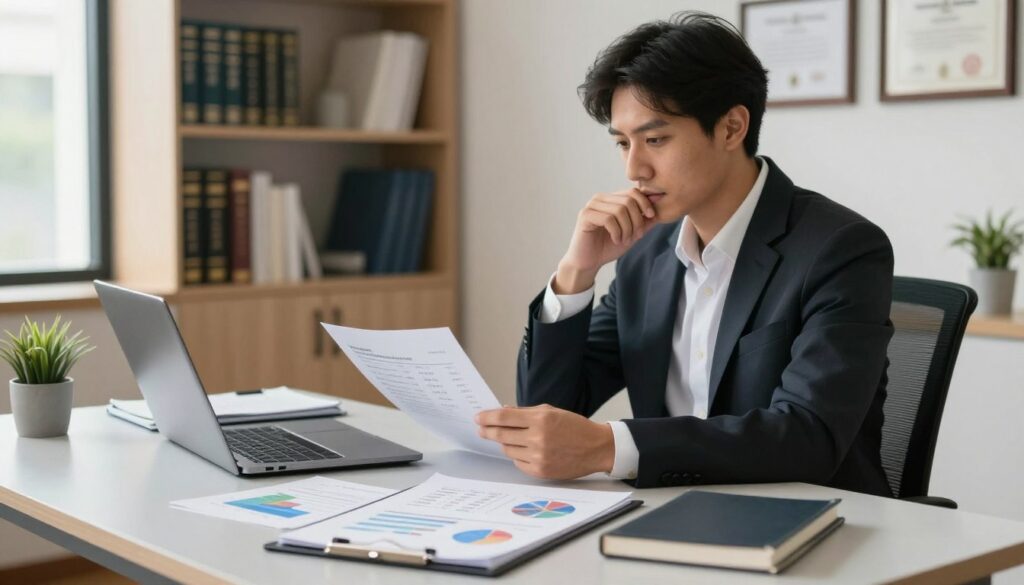 A professional psychologist in a modern office setting, seated at a sleek desk with a laptop open and a notepad filled with notes on compensation factors. In the foreground, an array of charts and graphs depicting salary data on a clipboard. The middle ground features the psychologist, wearing smart business attire, deep in thought as they analyze statistical data, exuding an air of focus and professionalism. The background showcases shelves filled with psychology books and a calming accent wall with framed diplomas. Soft, natural lighting filters through a nearby window, creating an inviting and contemplative atmosphere. The scene captures the essence of clinical psychology salary factors in a clean, professional aesthetic.