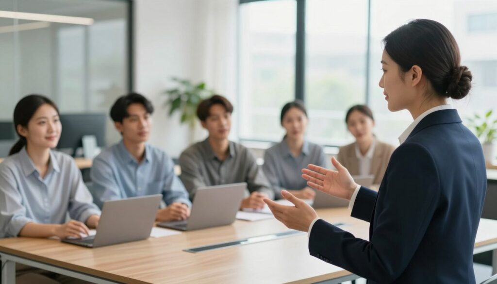 A professional sales representative in a modern office setting, engaging with a diverse group of clients, showcasing effective communication skills. The foreground features a confident, well-dressed individual in a business suit, gesturing as they present a product. In the middle, attentive clients of various backgrounds, sitting at a polished table, facing the representative with expressions of interest and engagement. The background includes sleek office décor and a large window allowing natural light to flood the space, creating a bright and welcoming atmosphere. The scene conveys a productive and dynamic mood, illustrating the skills essential for increasing sales effectiveness. Use soft focus on the background to emphasize the interaction in the foreground.