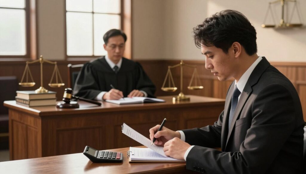 A professional setting depicting a courtroom where a judge and jurors are engaged in deliberation. In the foreground, a juror (male, wearing a formal suit) is intently taking notes, with papers and a calculator visible on the table, suggesting a calculation of earnings. The middle ground features a judge in a robe, with a gavel and legal books on the bench, creating a sense of authority. The background shows a traditional courtroom environment with wooden paneling, large windows letting in warm sunlight, and legal symbols like scales of justice. Soft, focused lighting casts gentle shadows, enhancing the atmosphere of seriousness and professionalism while conveying the theme of financial deliberation. A professional setting depicting a courtroom where a judge and jurors are engaged in deliberation. In the foreground, a juror (male, wearing a formal suit) is intently taking notes, with papers and a calculator visible on the table, suggesting a calculation of earnings. The middle ground features a judge in a robe, with a gavel and legal books on the bench, creating a sense of authority. The background shows a traditional courtroom environment with wooden paneling, large windows letting in warm sunlight, and legal symbols like scales of justice. Soft, focused lighting casts gentle shadows, enhancing the atmosphere of seriousness and professionalism while conveying the theme of financial deliberation.