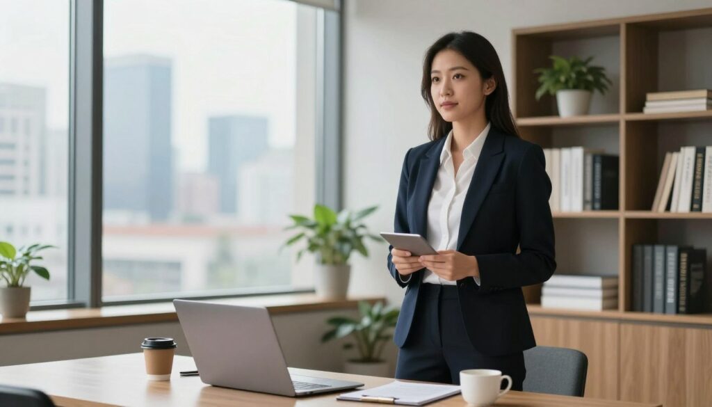 A professional young woman confidently presenting a business proposal in a modern office environment. In the foreground, she is dressed in smart, professional attire, standing next to a sleek table with a laptop, notepad, and coffee cup. Her expression conveys determination and enthusiasm. In the middle ground, a large window lets in natural light, revealing a cityscape, reflecting a dynamic business atmosphere. The background features a stylish bookshelf filled with business books and plants, adding a touch of warmth. Soft, diffused lighting enhances the atmosphere, creating a sense of opportunity and motivation, symbolizing embarking on a new career in sales without prior experience. The overall mood is inspiring and aspirational.