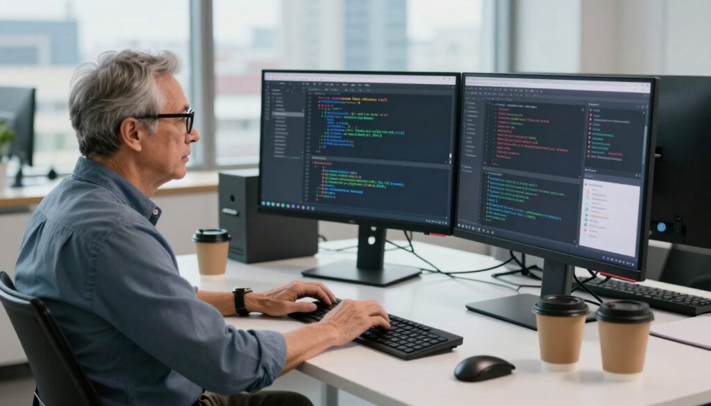 A senior developer working intensely at a modern office desk filled with dual monitors displaying complex code and project management tools. In the foreground, a focused individual, dressed in smart casual attire, with glasses and a thoughtful expression, types away, showcasing their expertise in frontend and backend development. The middle ground features sleek tech gadgets and coffee cups, hinting at a productive work environment. In the background, large windows allow natural light to flood the room, highlighting a cityscape view and creating a vibrant atmosphere. The image should convey a sense of professionalism and dedication, showcasing the distinct challenges and rewards of a senior software developer's role in today's tech landscape.