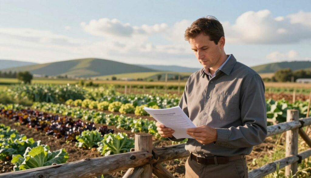 A serene agricultural landscape showcasing the legal foundations of work periods in individual farming enterprises. In the foreground, a well-dressed farmer, wearing professional attire, studies a legal document while standing beside a rustic wooden fence. In the middle ground, a thriving vegetable garden exhibits a variety of crops, symbolizing hardworking agricultural practices. In the background, rolling hills and a blue sky dotted with fluffy white clouds create an inviting atmosphere. The lighting is warm and soft, as if it’s late afternoon, casting gentle shadows and highlighting the farmer’s expression of determination. The overall mood reflects professionalism, diligence, and the importance of legal knowledge in the farming sector, making it suitable for an informative article.