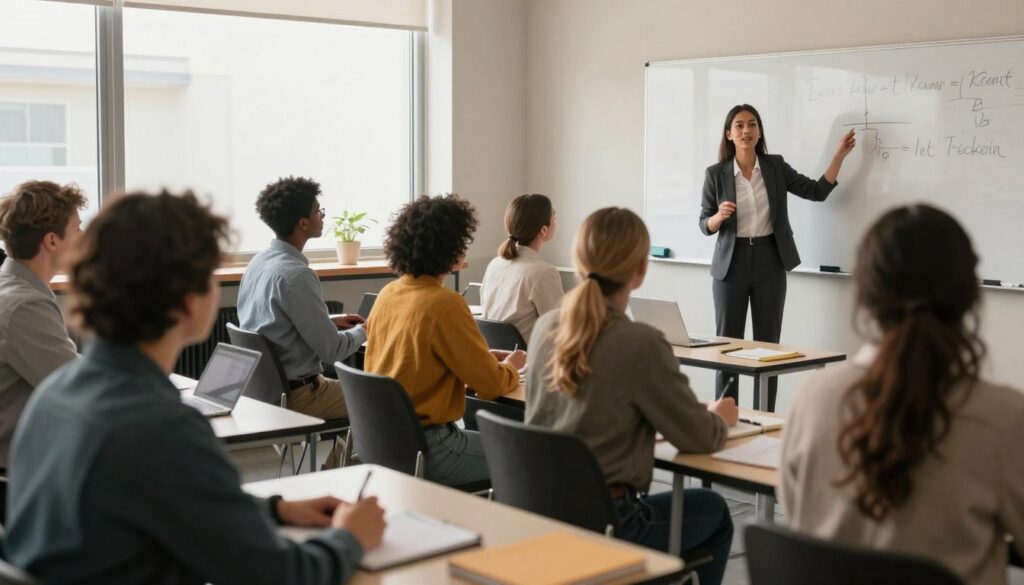 A serene classroom environment showcasing a diverse group of adult students engaged in a pedagogical training session. In the foreground, a female instructor dressed in professional attire passionately explains concepts on a whiteboard, surrounded by attentive students of various ethnicities, all focused on learning. The middle layer features rows of desks with open notebooks, laptops, and educational materials. In the background, large windows allow soft, natural light to illuminate the room, casting gentle shadows. The atmosphere conveys a sense of collaboration and inspiration, highlighting the importance of pedagogical preparation. The scene is framed in a realistic perspective, capturing both the students' enthusiasm and the instructor's dedication. The overall mood is motivational and professional, perfect for the theme of teacher training.
