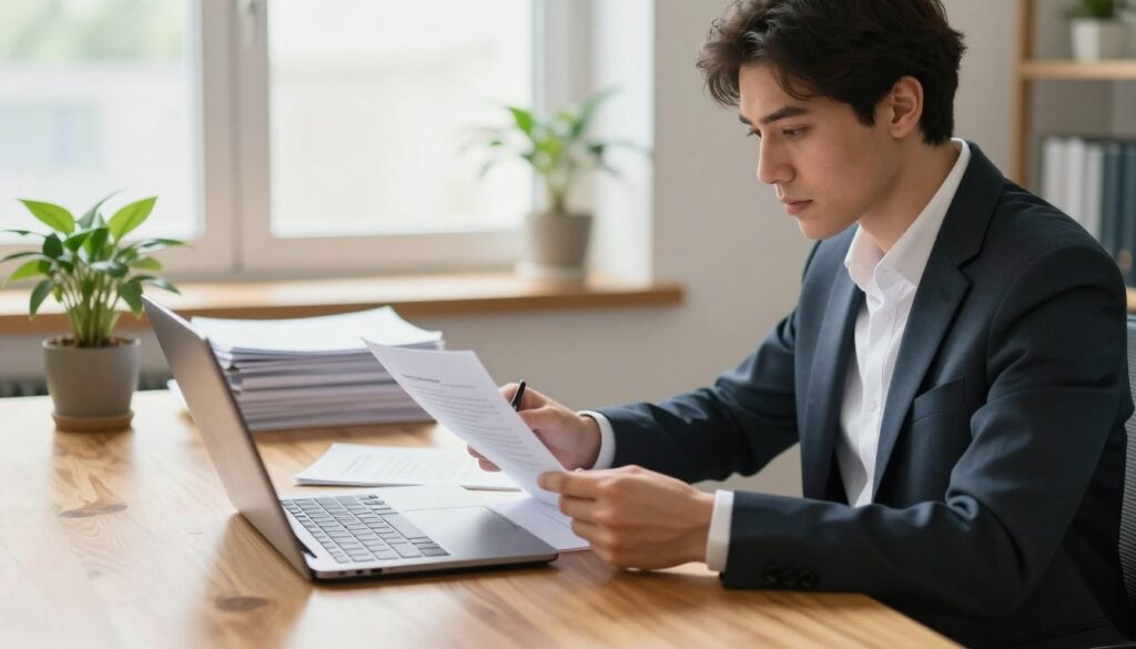 A serene office setting representing a professional environment for submitting an appeal regarding agricultural work validation. In the foreground, a confident individual of European descent, dressed in smart professional attire, is sitting at a polished wooden desk, intently reviewing documents and using a laptop. In the middle ground, a neatly organized workspace features a stack of papers and a potted plant, symbolizing growth and positivity. The background showcases a bright window with gentle natural light streaming in, illuminating the space and creating a warm, focused atmosphere. The overall mood is one of determination and professionalism, emphasizing the importance of taking clear steps to address the appeal process effectively.
