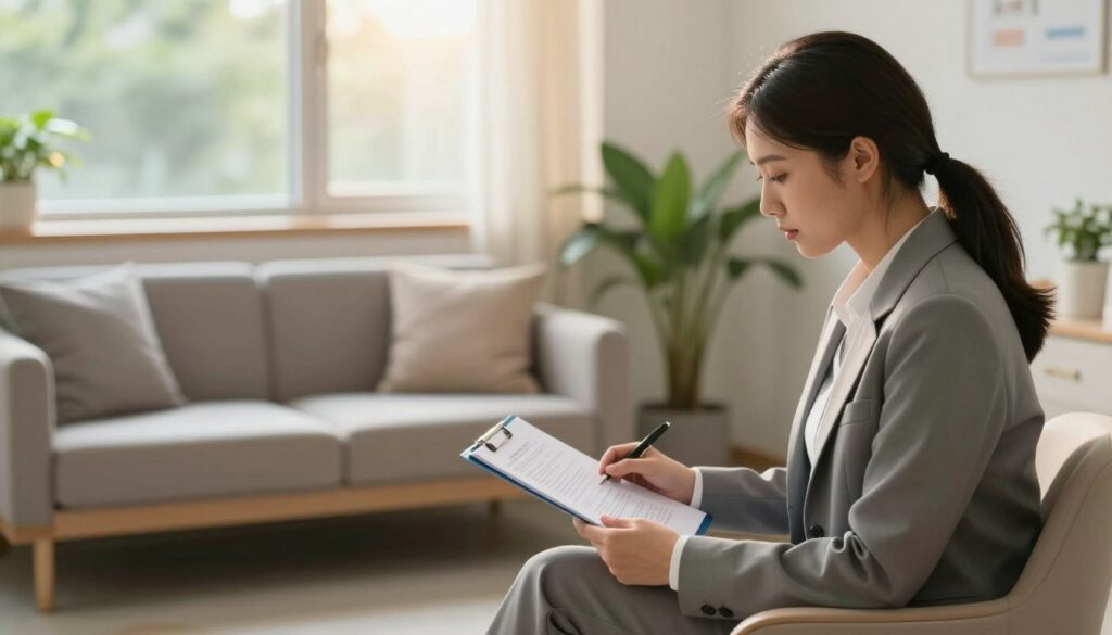 A serene psychiatric hospital environment, showcasing a calm consultation room. In the foreground, a clinical psychologist, dressed in professional business attire, is seated at a desk, reviewing patient files, with a focused and thoughtful expression. In the middle ground, a cozy seating area with comfortable chairs and soft, muted lighting enhances the atmosphere of tranquility and trust. A window in the background lets in warm, natural light, illuminating the space with a soft glow. Lush greenery can be seen outside, contributing to the peaceful vibe. The overall mood conveys professionalism, empathy, and a safe space for mental health discussions, reflecting the focus on salaries in psychiatric settings.