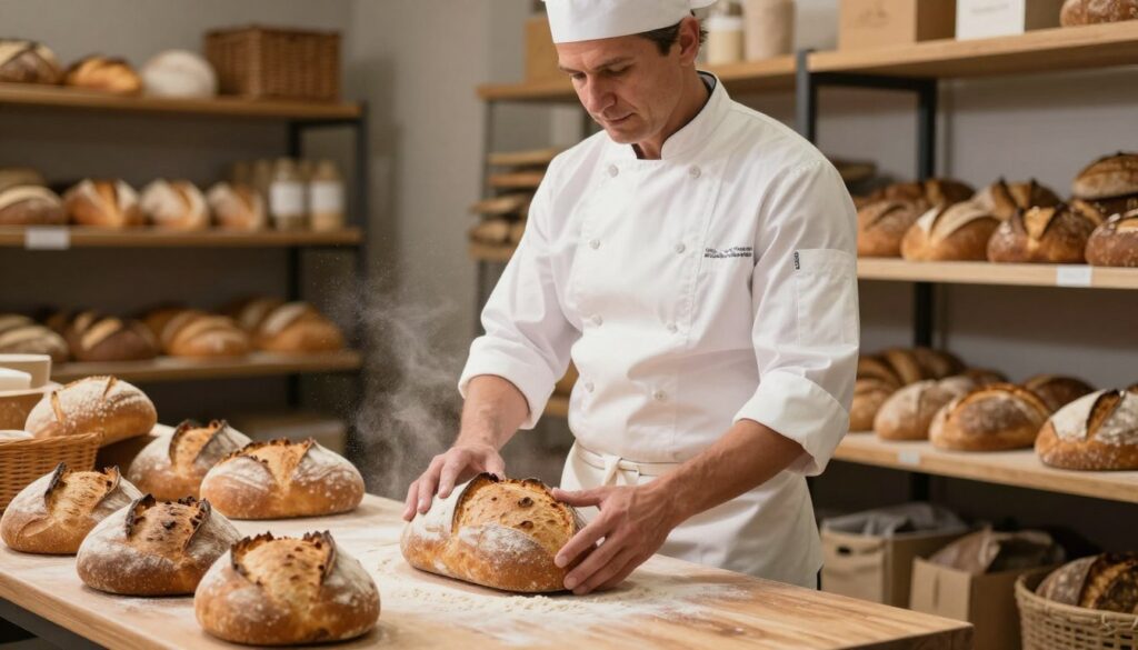 A skilled baker in a modern bakery, standing confidently beside a wooden workbench filled with freshly baked breads and pastries. The baker, a middle-aged person wearing a white chef's jacket and a slightly flour-dusted apron, is engaged in assessing the quality of the loaf, showcasing both experience and craftsmanship. In the background, shelves filled with various types of bread and ingredients create a cozy atmosphere. Soft, warm lighting illuminates the scene, casting gentle shadows, and a hint of flour dust dances in the air. The camera angle captures the baker from a slightly low perspective, emphasizing their expertise and the artisanal environment. The mood is inspiring, highlighting dedication to the craft and the realities of the bakery industry.