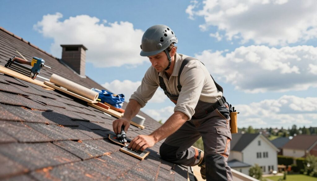 A skilled roofer, known as "dobry dekarz," is seen working diligently on a sloped roof of a charming suburban house. He wears a professional outfit, consisting of a sturdy, light-colored shirt and dark work pants, complemented by a protective safety helmet. In the foreground, he is carefully applying shingles, showcasing his expertise and attention to detail. The middle ground features a partially completed roof, with an array of tools like a nail gun and material bundles scattered around, emphasizing the work in progress. In the background, bright blue skies filled with fluffy white clouds create a serene atmosphere, while soft sunlight casts gentle shadows, highlighting the roofer's focused expression and the quality of his craftsmanship. The overall mood conveys professionalism, skill, and dedication to roofing work.