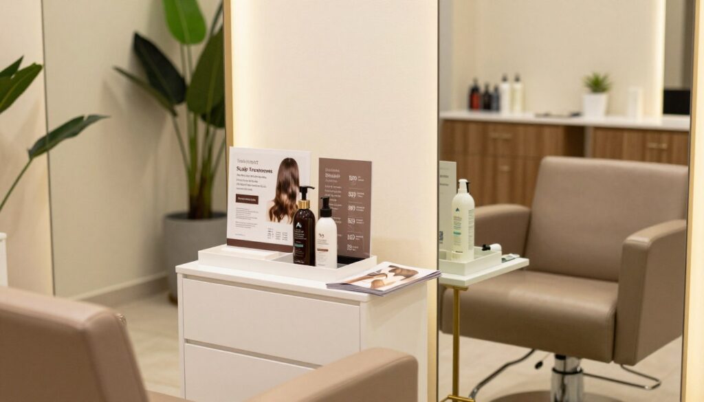 A sleek, modern hair treatment studio is depicted in the foreground, showcasing a stylish consultation area with a comfortable chair and a small table displaying various hair care products and brochures. In the middle, a neatly arranged display of treatment packages and pricing information is visible, highlighting different options like scalp treatments and hair therapy sessions. The background features a tranquil, softly lit environment with plants and calming colors, enhancing the relaxing atmosphere. Use warm, natural lighting to create a welcoming feel. The image captures a professional, clean, and inviting space that reflects the services offered by a trichologist, suggesting an air of expertise and care in hair treatments. A sleek, modern hair treatment studio is depicted in the foreground, showcasing a stylish consultation area with a comfortable chair and a small table displaying various hair care products and brochures. In the middle, a neatly arranged display of treatment packages and pricing information is visible, highlighting different options like scalp treatments and hair therapy sessions. The background features a tranquil, softly lit environment with plants and calming colors, enhancing the relaxing atmosphere. Use warm, natural lighting to create a welcoming feel. The image captures a professional, clean, and inviting space that reflects the services offered by a trichologist, suggesting an air of expertise and care in hair treatments.