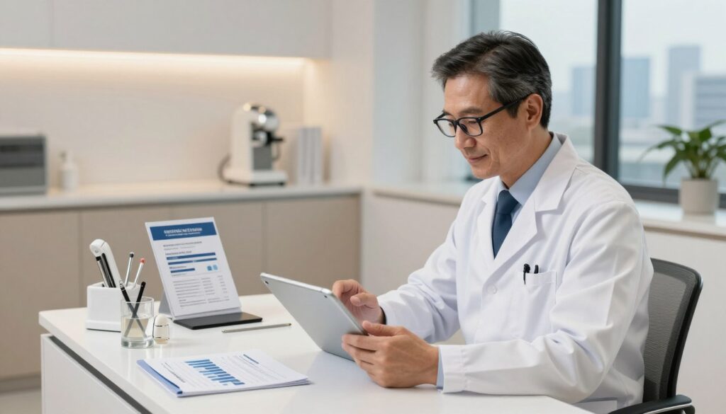 A sophisticated medical office environment showcasing the aesthetics and finances of cosmetic medicine. In the foreground, a professional, middle-aged male doctor in a crisp white lab coat and glasses, confidently analyzing financial graphs on a tablet. In the middle, a sleek desk with elegant medical tools and brochures about popular cosmetic procedures. The background features stylish decor, including soft lighting and a large window revealing city skylines, creating an atmosphere of success and professionalism. The image's mood is optimistic and glowing, emphasizing the lucrative nature of the aesthetic medicine field. The angle is slightly elevated, drawing attention to the doctor and his work in a modern, inviting setting. A sophisticated medical office environment showcasing the aesthetics and finances of cosmetic medicine. In the foreground, a professional, middle-aged male doctor in a crisp white lab coat and glasses, confidently analyzing financial graphs on a tablet. In the middle, a sleek desk with elegant medical tools and brochures about popular cosmetic procedures. The background features stylish decor, including soft lighting and a large window revealing city skylines, creating an atmosphere of success and professionalism. The image's mood is optimistic and glowing, emphasizing the lucrative nature of the aesthetic medicine field. The angle is slightly elevated, drawing attention to the doctor and his work in a modern, inviting setting.