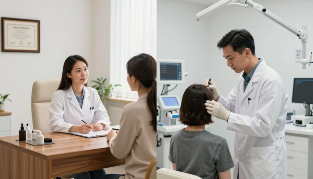 A split image illustrating the earnings of a trichologist in a private practice versus a clinical setting. On the left, a bright, modern private office with a polished wooden desk, a comfortable chair, and a framed diploma on the wall. A well-dressed female trichologist consults a client, both appearing engaged in conversation. Soft natural light filters through a window, creating a warm and inviting atmosphere. On the right, a clinical environment with sterile, white walls and advanced medical equipment. A male trichologist in a lab coat examines a patient, showcasing professionalism. The overall mood contrasts the personal, cozy feel of the private office against the clinical precision of the medical environment, accented by differing color tones and lighting styles to emphasize the differences in work models. A split image illustrating the earnings of a trichologist in a private practice versus a clinical setting. On the left, a bright, modern private office with a polished wooden desk, a comfortable chair, and a framed diploma on the wall. A well-dressed female trichologist consults a client, both appearing engaged in conversation. Soft natural light filters through a window, creating a warm and inviting atmosphere. On the right, a clinical environment with sterile, white walls and advanced medical equipment. A male trichologist in a lab coat examines a patient, showcasing professionalism. The overall mood contrasts the personal, cozy feel of the private office against the clinical precision of the medical environment, accented by differing color tones and lighting styles to emphasize the differences in work models.